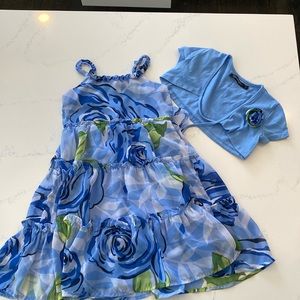 Blue flowered spring dress lined girls size 5